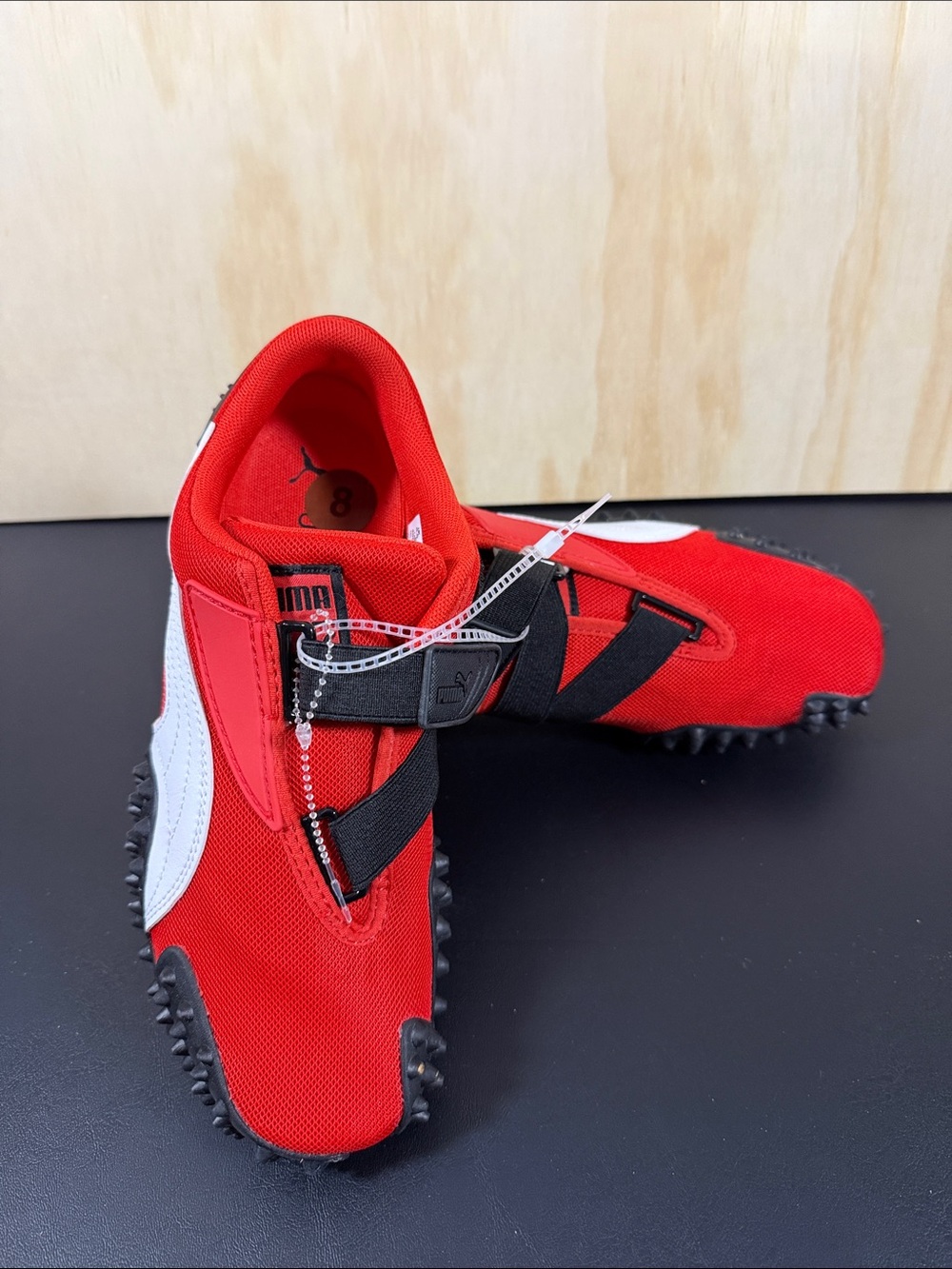 Puma Red and White Track-Style Sneakers with Black Straps